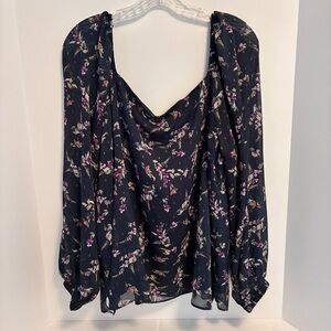 Nine Britton Women's Kenzie Ruched Sleeve Detailing Blouse Navy Floral Size XL